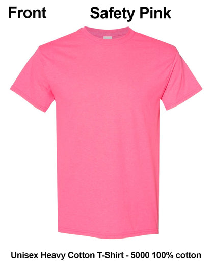 A bright pink short-sleeve crewneck t-shirt shown flat against a white background, with text labels indicating 'Front' and 'Safety Pink' at the top and product details at the bottom. custom t-shirt print