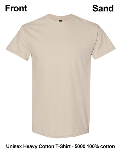 A plain sand-colored short-sleeve crewneck t-shirt shown from the front on a white background, with text labels reading 'Front' and 'Sand' and additional text at the bottom stating 'Unisex Heavy Cotton T-Shirt - 5000 100% cotton'. custom t-shirt print
