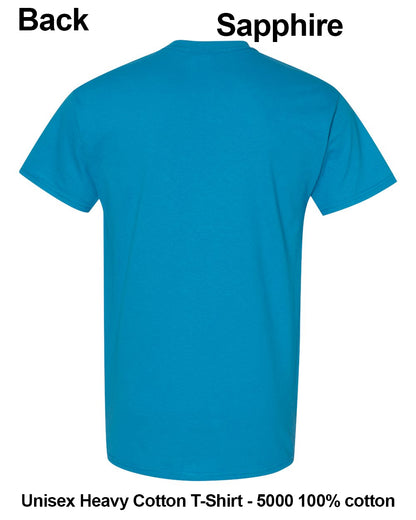 A bright sapphire blue t-shirt shown from the back on a plain white background, with text labels indicating 'Back' and 'Sapphire' and additional text at the bottom describing it as a unisex heavy cotton t-shirt. custom t-shirt print