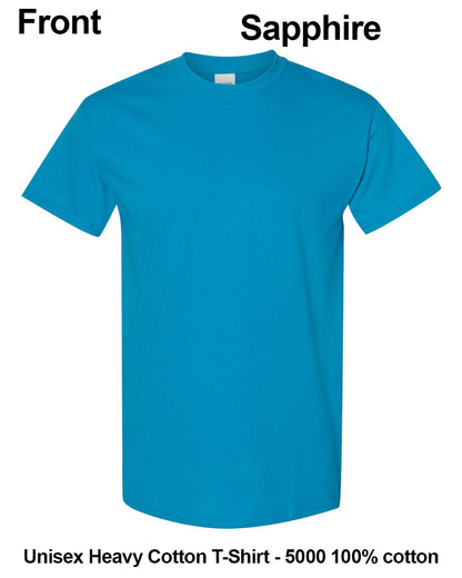 A bright blue short-sleeve crewneck t-shirt shown from the front on a white background, with text labels reading 'Front' and 'Sapphire' at the top and 'Unisex Heavy Cotton T-Shirt - 5000 100% cotton' at the bottom. custom t-shirt print. custom t-shirt print