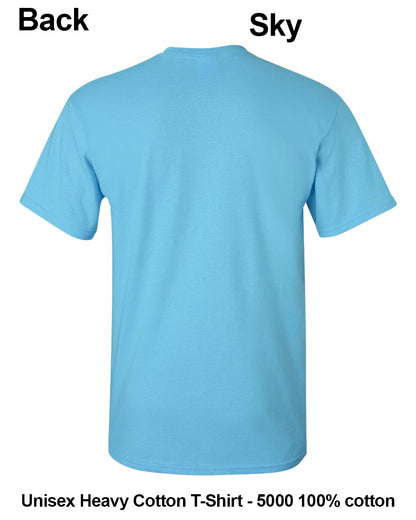 Back view of a light blue short-sleeve t-shirt on a white background, with text labels 'Back' and 'Sky' and a bottom text overlay reading 'Unisex Heavy Cotton T-Shirt - 5000 100% cotton'. custom t-shirt print