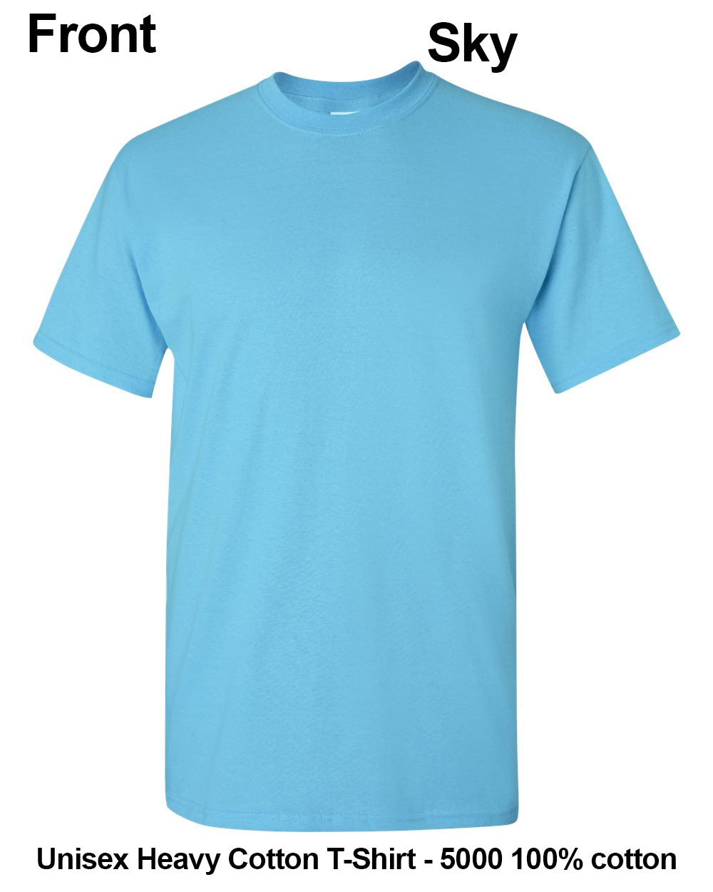 A light blue short-sleeve crewneck t-shirt shown from the front on a white background, with text labels indicating 'Front' and 'Sky' colorway and product details at the bottom. custom t-shirt print