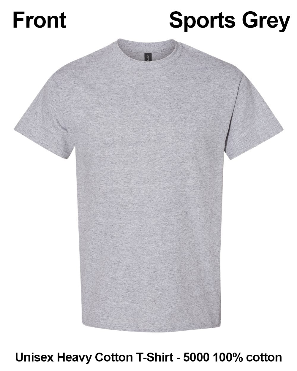 A light heather grey short-sleeve crewneck t-shirt shown from the front on a white background, with text labels indicating 'Front' and 'Sports Grey' and additional text at the bottom describing it as a unisex heavy cotton t-shirt. custom t-shirt print