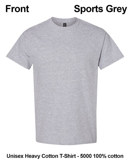 A light heather grey short-sleeve crewneck t-shirt shown from the front on a white background, with text labels indicating 'Front' and 'Sports Grey' and additional text at the bottom describing it as a unisex heavy cotton t-shirt. custom t-shirt print