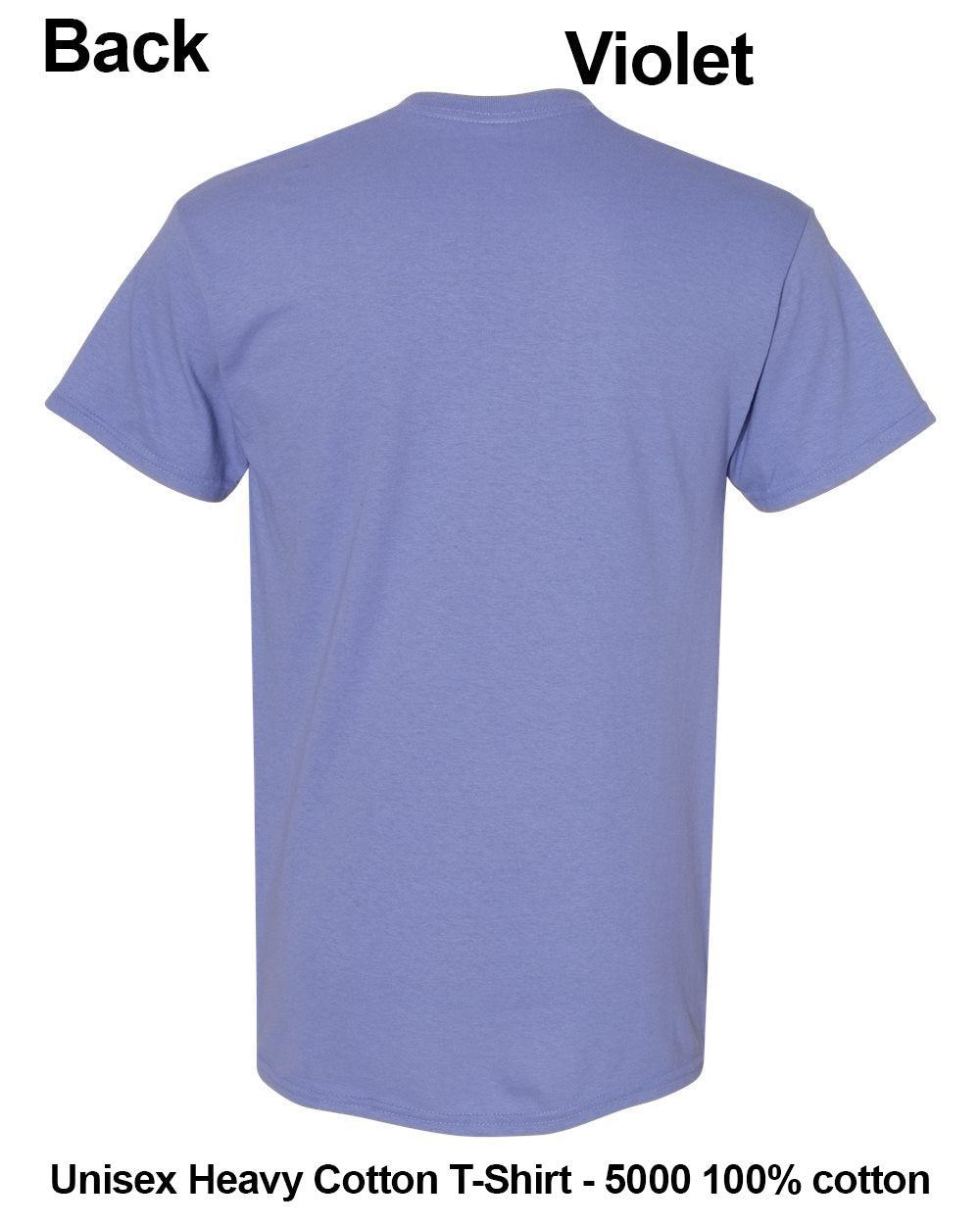 Back view of a light violet heathered cotton t-shirt on a white background, with text overlays indicating 'Back' and 'Violet' and product details at the bottom. custom t-shirt print