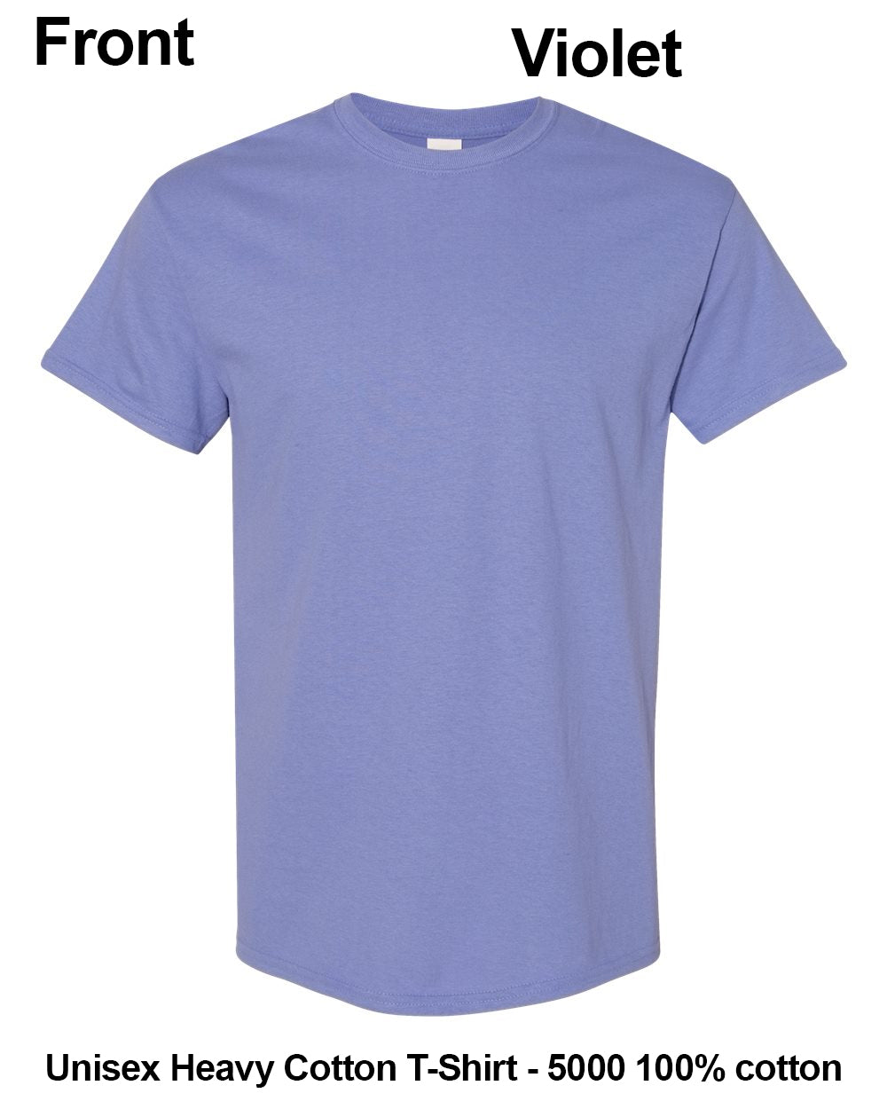 A light violet short-sleeve crewneck t-shirt shown from the front on a white background, with text labels indicating 'Front' and 'Violet' and product details at the bottom. custom t-shirt print