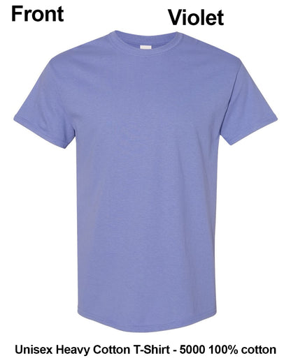A light violet short-sleeve crewneck t-shirt shown from the front on a white background, with text labels indicating 'Front' and 'Violet' and product details at the bottom. custom t-shirt print
