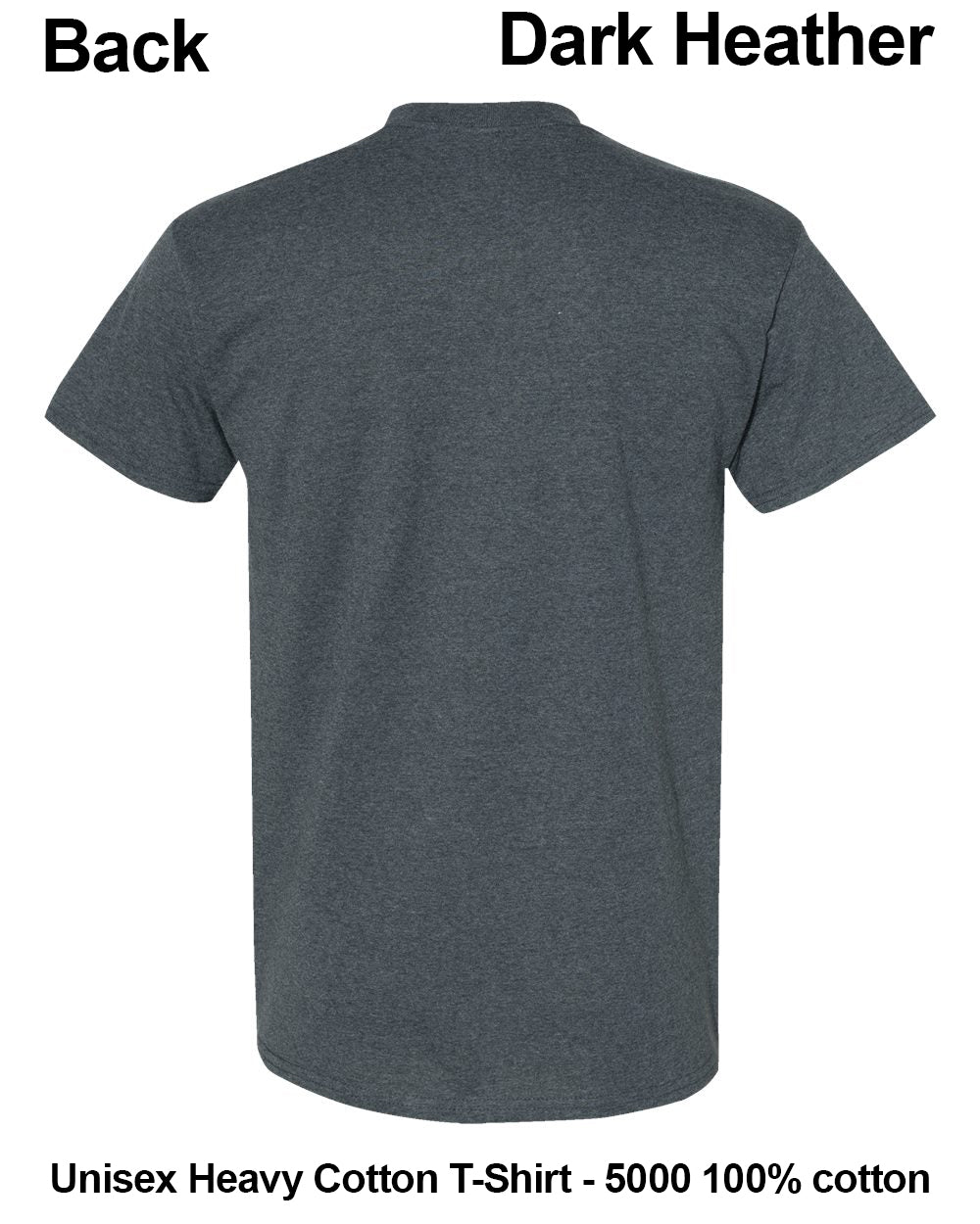 Back view of a dark heather gray short-sleeve t-shirt on a white background, with text labels reading 'Back' and 'Dark Heather' at the top and 'Unisex Heavy Cotton T-Shirt - 5000 100% cotton' at the bottom. custom t-shirt print