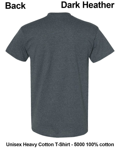 Back view of a dark heather gray short-sleeve t-shirt on a white background, with text labels reading 'Back' and 'Dark Heather' at the top and 'Unisex Heavy Cotton T-Shirt - 5000 100% cotton' at the bottom. custom t-shirt print