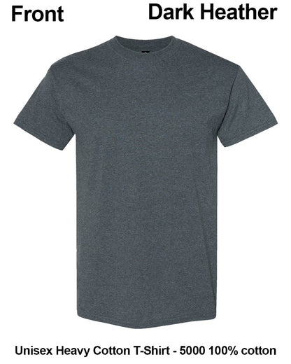 A dark heather gray short-sleeve crewneck t-shirt shown from the front on a white background, with text labels reading 'Front', 'Dark Heather', and 'Unisex Heavy Cotton T-Shirt - 5000 100% cotton'. custom t-shirt print