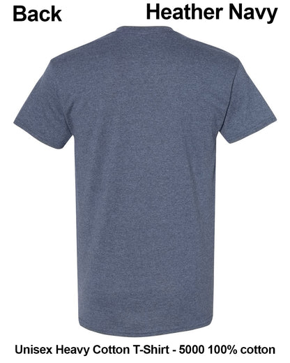 Back view of a heather navy blue short-sleeve cotton t-shirt on a white background, with text labels 'Back' and 'Heather Navy' at the top and 'Unisex Heavy Cotton T-Shirt - 5000 100% cotton' at the bottom. custom t-shirt print