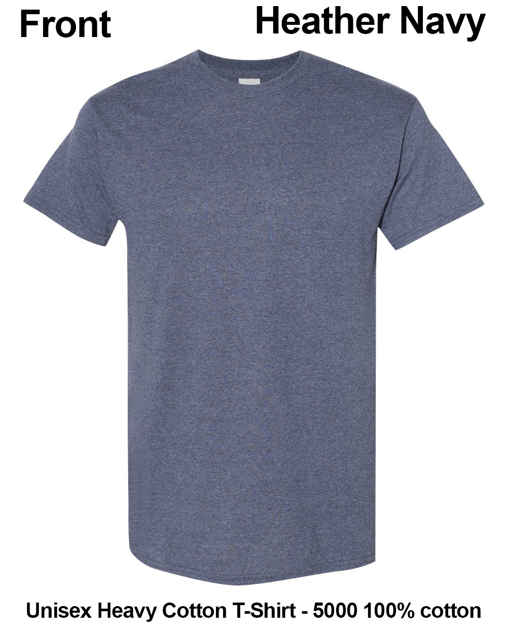 A heather navy blue short-sleeve crewneck t-shirt shown from the front on a white background, with text labels indicating 'Front' and 'Heather Navy' at the top and product specifications at the bottom. custom t-shirt print
