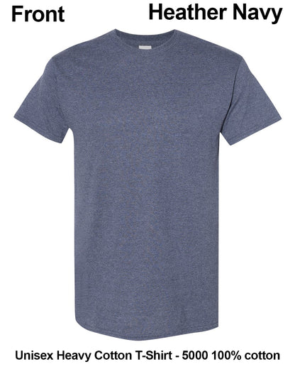 A heather navy blue short-sleeve crewneck t-shirt shown from the front on a white background, with text labels indicating 'Front' and 'Heather Navy' at the top and product specifications at the bottom. custom t-shirt print