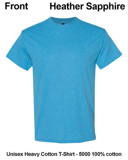 A heather blue short-sleeve crewneck t-shirt shown from the front on a white background, with text labels reading 'Front', 'Heather Sapphire', and 'Unisex Heavy Cotton T-Shirt - 5000 100% cotton'. custom t-shirt print