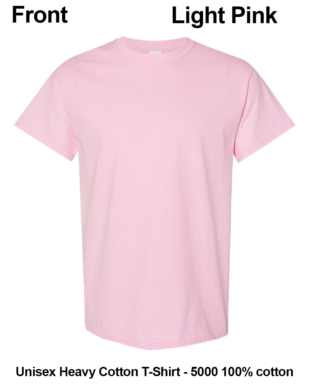 A light pink short-sleeve crewneck t-shirt shown flat against a white background, with text labels indicating 'Front' and 'Light Pink' at the top and product specifications at the bottom. custom t-shirt print