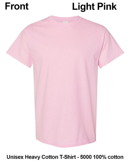 A light pink short-sleeve crewneck t-shirt shown flat against a white background, with text labels indicating 'Front' and 'Light Pink' at the top and product specifications at the bottom. custom t-shirt print