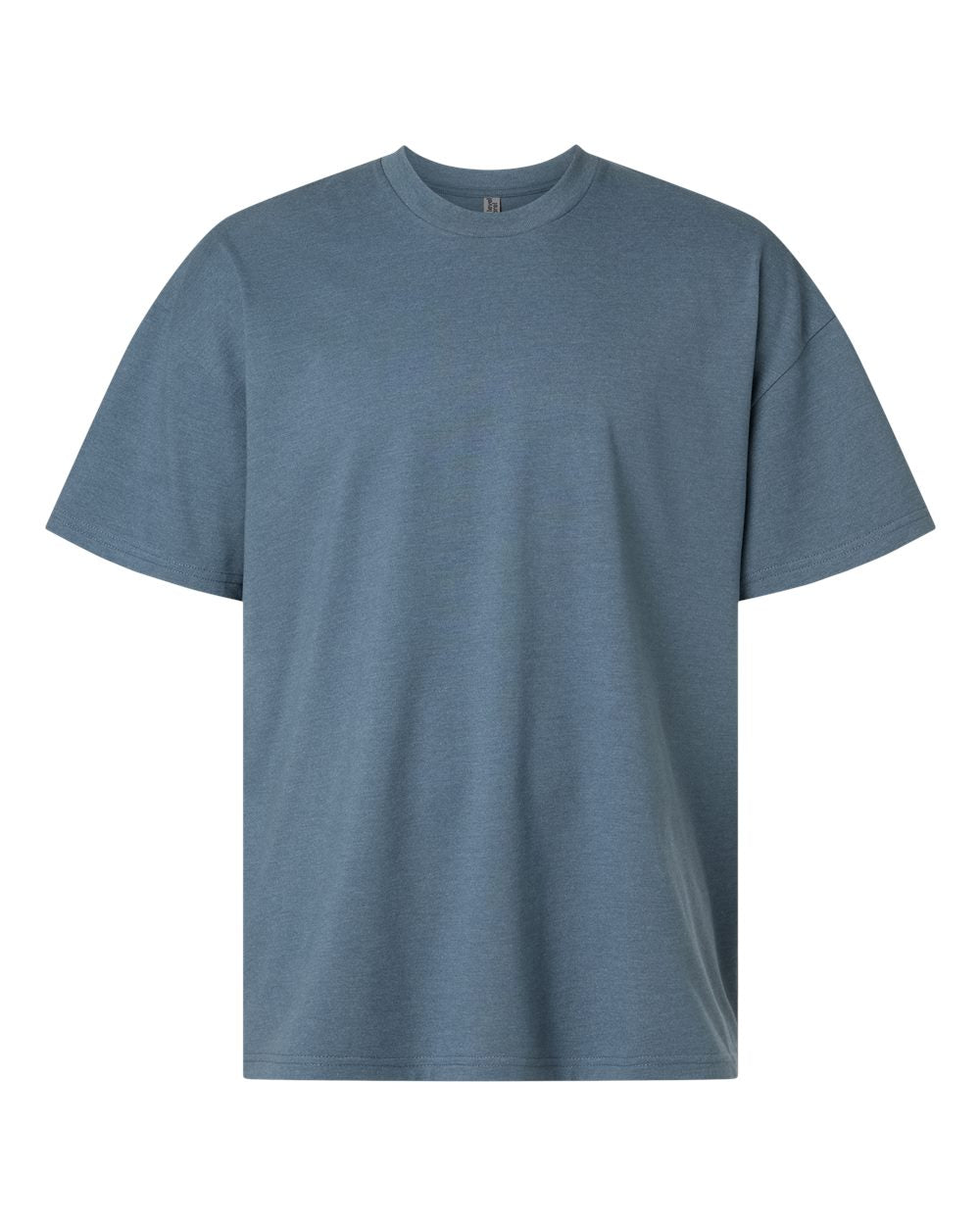 A short-sleeve crewneck t-shirt in a heathered slate blue color, displayed flat against a solid white background. Custom over size shirt print Next Level 7200