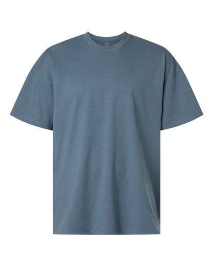 A short-sleeve crewneck t-shirt in a heathered slate blue color, displayed flat against a solid white background. Custom over size shirt print Next Level 7200
