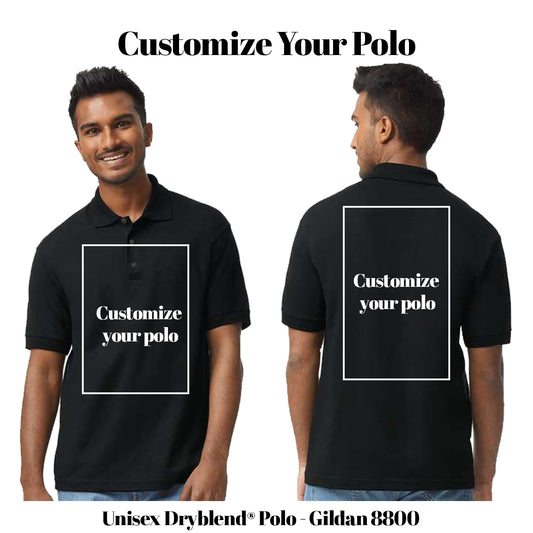 A man modeling a black polo shirt from the front and back on a white background, with text overlays reading 'Customize Your Polo' and 'Unisex Dryblend Polo - Gildan 8800'. The front and back of the polo shirt feature a white rectangular placeholder box with the text 'Customize your polo' in white. Custom Polo Print
