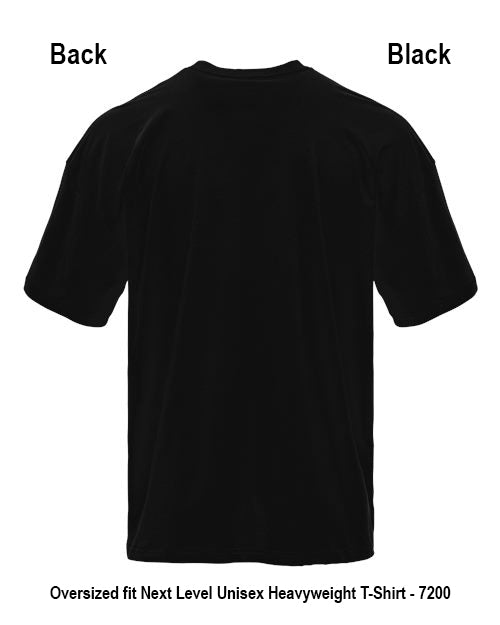 Black short-sleeve T-shirt shown from the back on a white background, with text labels reading 'Back' and 'Black' and a bottom caption 'Oversized fit Next Level Unisex Heavyweight T-Shirt - 7200'. Custom over size shirt print Next Level 7200