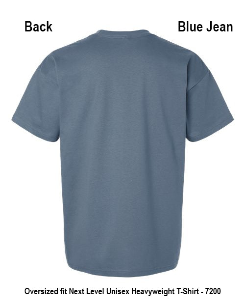 Back view of a blue jean oversized fit unisex heavyweight T-shirt on a white background, with text labels 'Back' and 'Blue Jean' at the top and product details at the bottom. Custom over size shirt print Next Level 7200