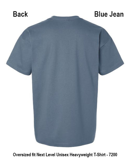 Back view of a blue jean oversized fit unisex heavyweight T-shirt on a white background, with text labels 'Back' and 'Blue Jean' at the top and product details at the bottom. Custom over size shirt print Next Level 7200