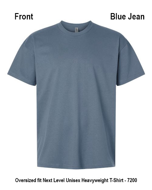 A front view of a blue jean-style oversized short-sleeve crewneck T-shirt on a white background, with text labels 'Front' and 'Blue Jean' at the top and product text at the bottom. Custom over size shirt print Next Level 7200