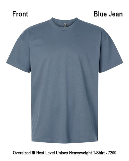 A front view of a blue jean-style oversized short-sleeve crewneck T-shirt on a white background, with text labels 'Front' and 'Blue Jean' at the top and product text at the bottom. Custom over size shirt print Next Level 7200