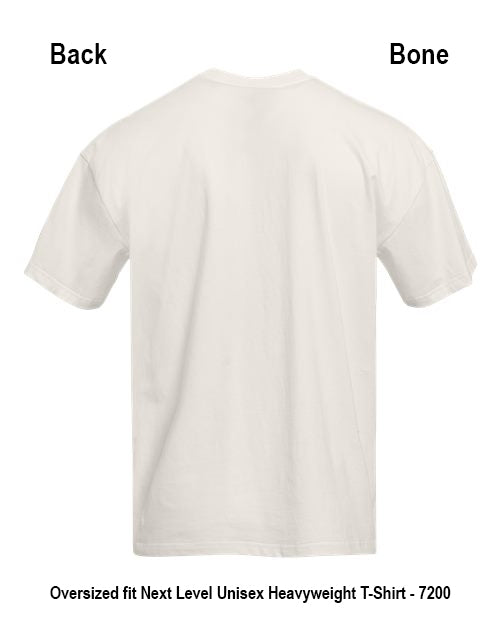 Back view of a plain white short-sleeve t-shirt on a white background, with text labels 'Back' and 'Bone' and a bottom caption reading 'Oversized fit Next Level Unisex Heavyweight T-Shirt - 7200'. Custom over size shirt print Next Level 7200