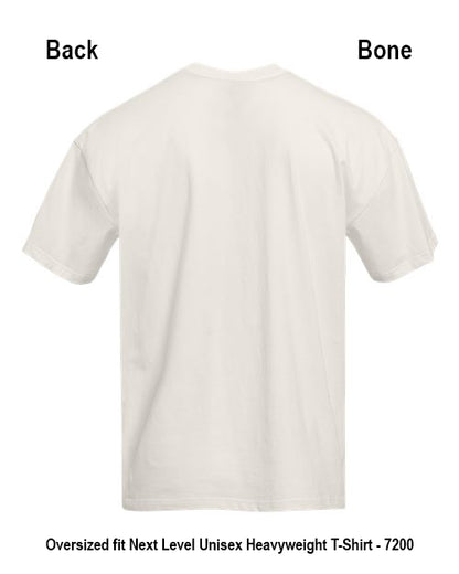 Back view of a plain white short-sleeve t-shirt on a white background, with text labels 'Back' and 'Bone' and a bottom caption reading 'Oversized fit Next Level Unisex Heavyweight T-Shirt - 7200'. Custom over size shirt print Next Level 7200