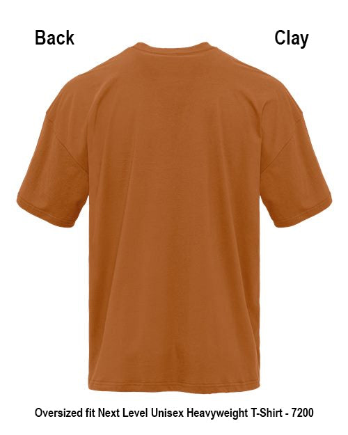 Back view of a clay-colored short-sleeve t-shirt on a white background, with text labels 'Back' and 'Clay' at the top and product details at the bottom. Custom over size shirt print Next Level 7200