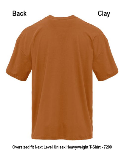 Back view of a clay-colored short-sleeve t-shirt on a white background, with text labels 'Back' and 'Clay' at the top and product details at the bottom. Custom over size shirt print Next Level 7200