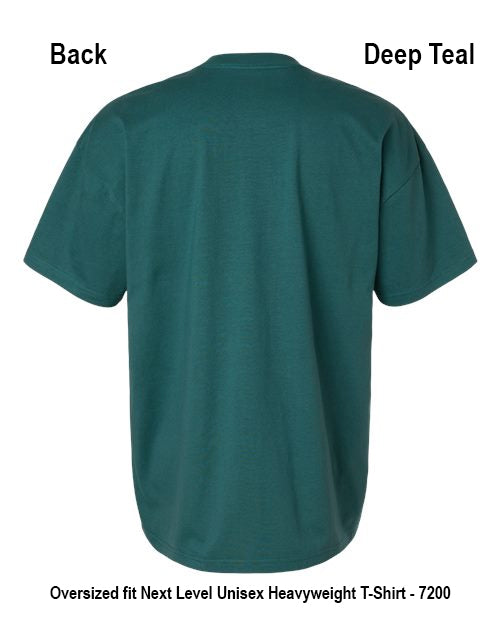 Back view of an oversized short-sleeve T-shirt in deep teal, shown on a white background with text labels indicating the back and color. Custom over size shirt print Next Level 7200