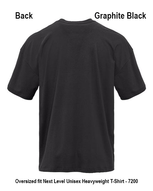 Back view of a black short-sleeve crewneck T-shirt on a white background, with text labels reading 'Back' and 'Graphite Black' and a bottom caption 'Oversized fit Next Level Unisex Heavyweight T-Shirt - 7200'. Custom over size shirt print Next Level 7200