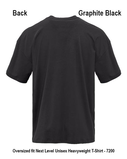 Back view of a black short-sleeve crewneck T-shirt on a white background, with text labels reading 'Back' and 'Graphite Black' and a bottom caption 'Oversized fit Next Level Unisex Heavyweight T-Shirt - 7200'. Custom over size shirt print Next Level 7200