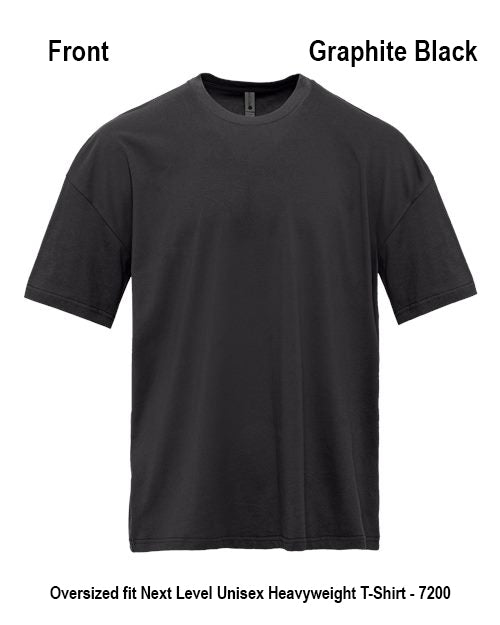 A plain short-sleeve crewneck T-shirt shown from the front on a white background, with text labels reading 'Front', 'Graphite Black', and 'Oversized fit Next Level Unisex Heavyweight T-Shirt - 7200'. Custom over size shirt print Next Level 7200