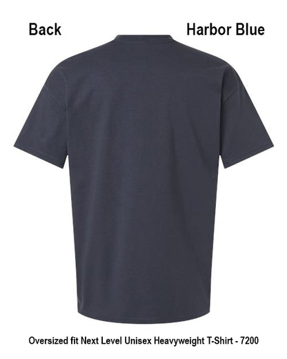 Back view of an oversized short-sleeve T-shirt in Harbor Blue, shown on a white background with text labels indicating the back view and color name. Custom over size shirt print Next Level 7200