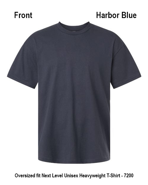 A dark gray short-sleeve crewneck t-shirt shown from the front on a white background, with text labels indicating 'Front' and 'Harbor Blue' at the top and product details at the bottom. Custom over size shirt print Next Level 7200