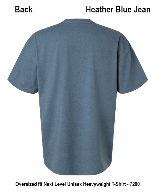 Back view of an oversized short-sleeve crewneck t-shirt in heather blue, labeled with text 'Back' and 'Heather Blue Jean' on a white background. Custom over size shirt print Next Level 7200