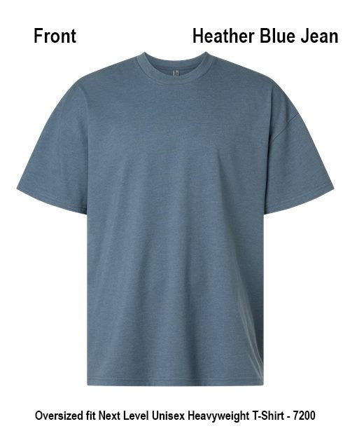 A heather blue oversized short-sleeve crewneck t-shirt shown from the front on a white background, with text labels indicating 'Front' and 'Heather Blue Jean' plus additional sizing text at the bottom. Custom over size shirt print Next Level 7200