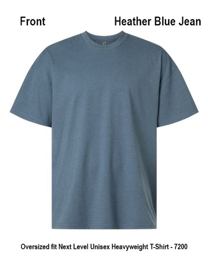 A heather blue oversized short-sleeve crewneck t-shirt shown from the front on a white background, with text labels indicating 'Front' and 'Heather Blue Jean' plus additional sizing text at the bottom. Custom over size shirt print Next Level 7200
