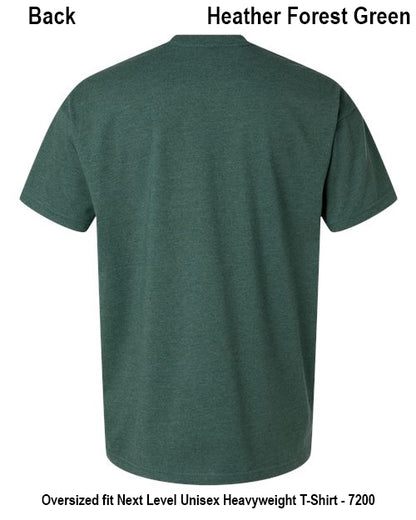 Back view of an oversized short-sleeve T-shirt in Heather Forest Green, shown on a white background with text labels. Custom over size shirt print Next Level 7200