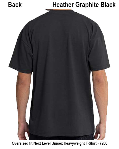 Back view of a man wearing an oversized black T-shirt, with text labels reading 'Back' and 'Heather Graphite Black' at the top and product details at the bottom. Custom over size shirt print Next Level 7200