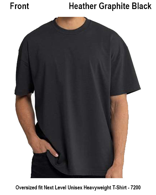 A man wearing an oversized short-sleeve crewneck T-shirt in dark charcoal/black, shown from the neck down against a white background with text labels indicating front view and color as Heather Graphite Black. Custom over size shirt print Next Level 7200