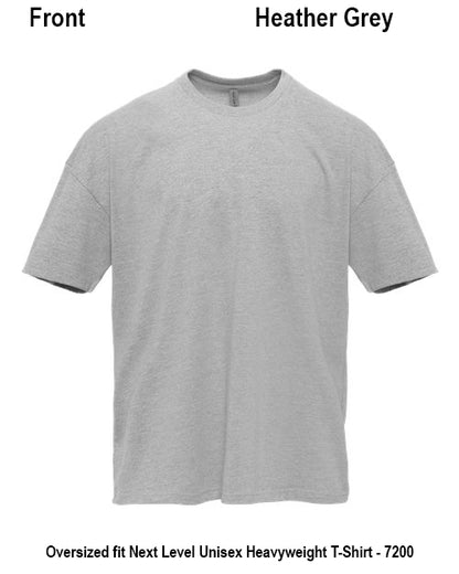 A light heather grey short-sleeve crewneck t-shirt shown from the front on a white background, with text labels indicating 'Front' and 'Heather Grey' at the top and product details at the bottom. Custom over size shirt print Next Level 7200