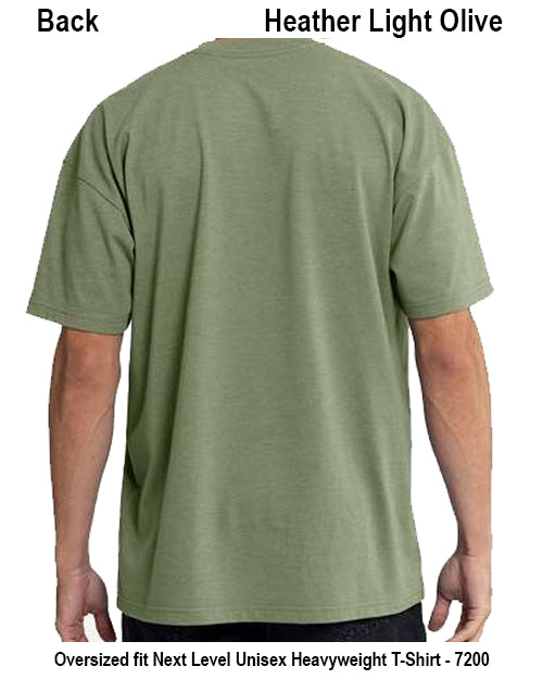 Back view of a person wearing an oversized short-sleeve T-shirt in Heather Light Olive, with text labels at the top and bottom describing the color and fit. Custom over size shirt print Next Level 7200