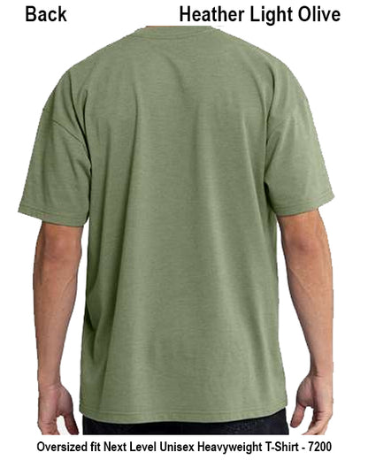 Back view of a person wearing an oversized short-sleeve T-shirt in Heather Light Olive, with text labels at the top and bottom describing the color and fit. Custom over size shirt print Next Level 7200