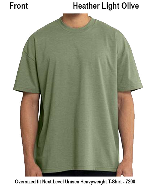 A person wearing a short-sleeve crew-neck T-shirt in a heathered light olive green color, shown against a plain white background with text labels at the top and bottom. Custom over size shirt print Next Level 7200