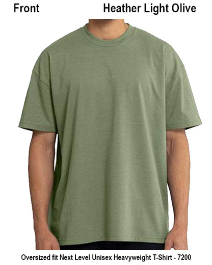 A person wearing a short-sleeve crew-neck T-shirt in a heathered light olive green color, shown against a plain white background with text labels at the top and bottom. Custom over size shirt print Next Level 7200