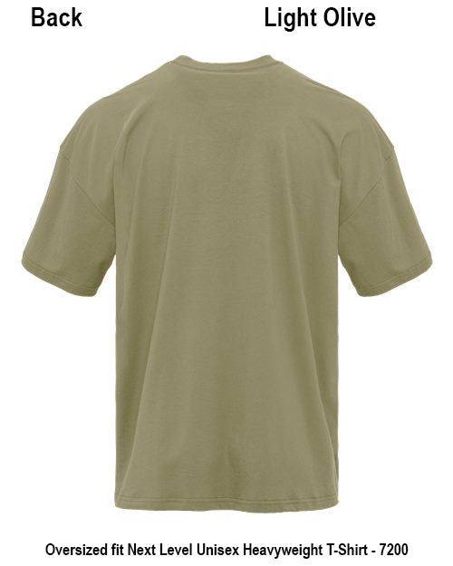 Back view of a light olive green short-sleeve t-shirt on a white background, with text labels 'Back' and 'Light Olive' at the top and product details at the bottom. Custom over size shirt print Next Level 7200
